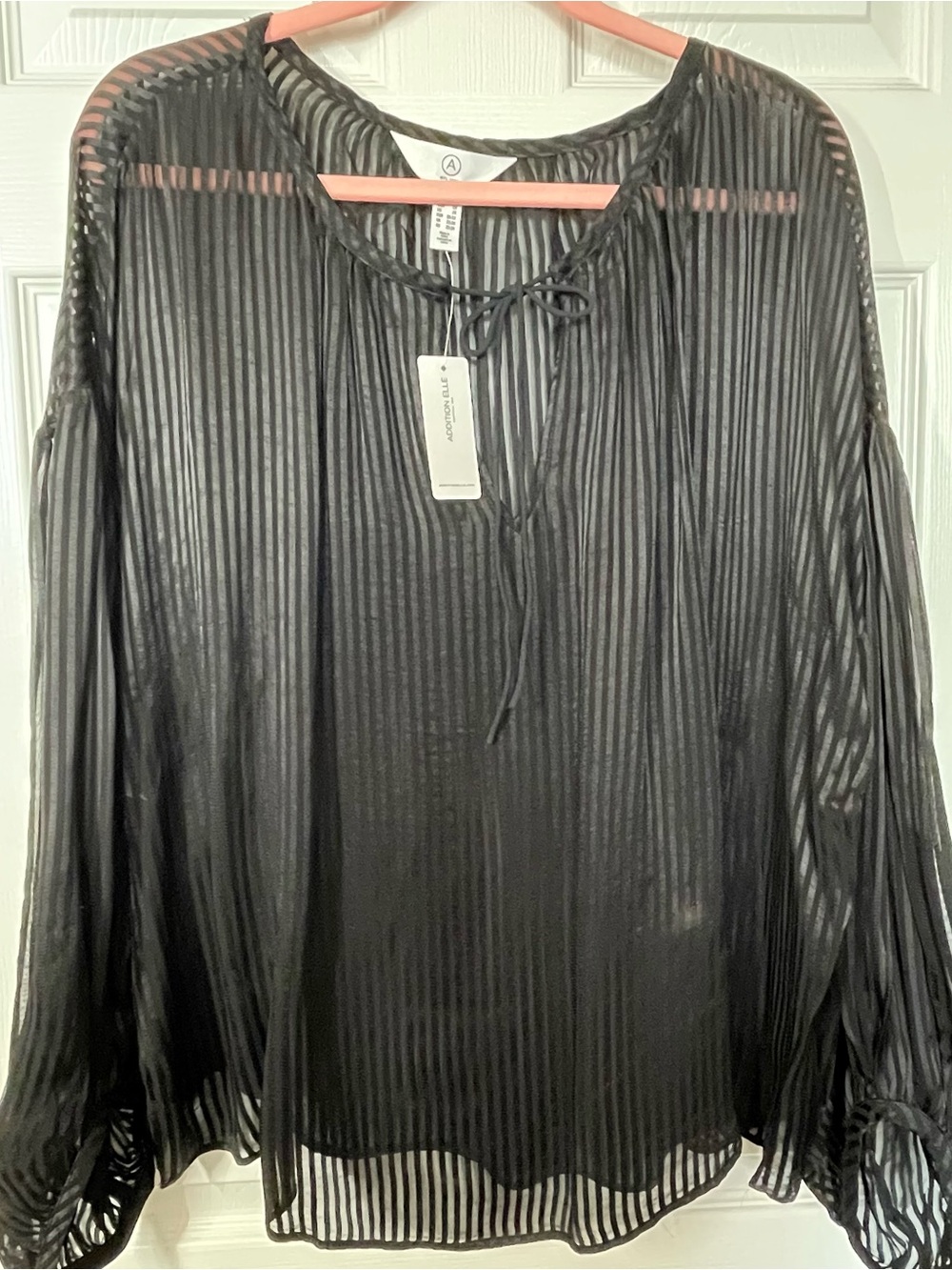 Addition Elle Black Sheer Striped Tie-Neck Blouse